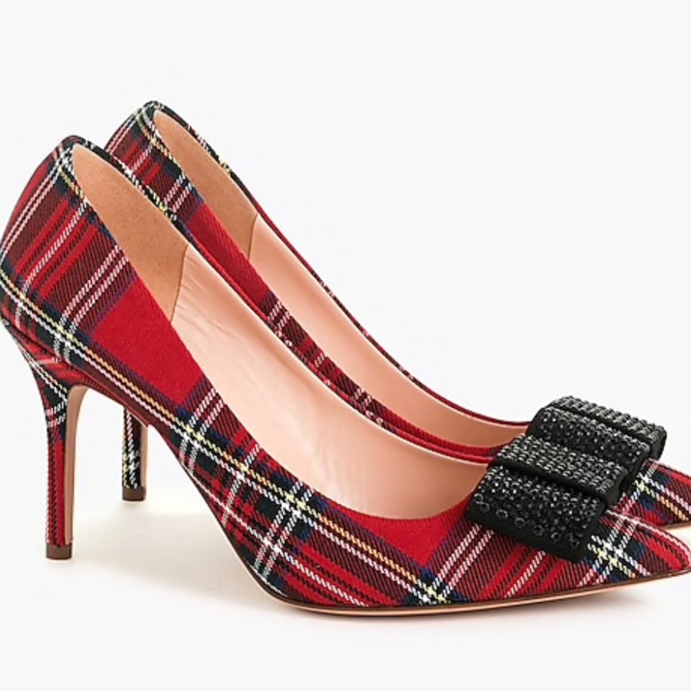 J Crew Elsie Pumps w Bow in Red Tartan NEW - Picture 1 of 7
